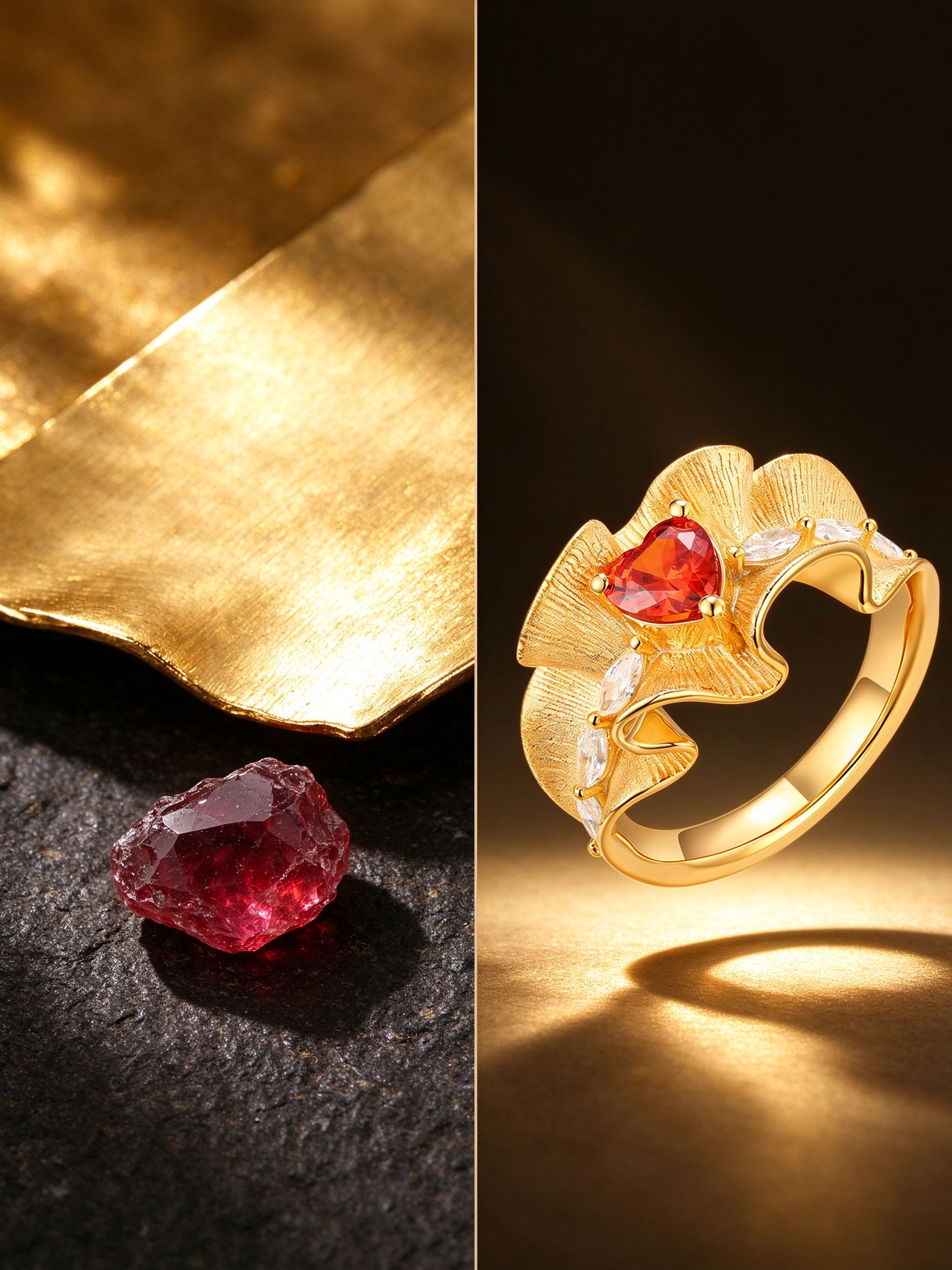 Gold ruffle heart CZ ring design story from raw gold and red garnet to finished brushed gold ring