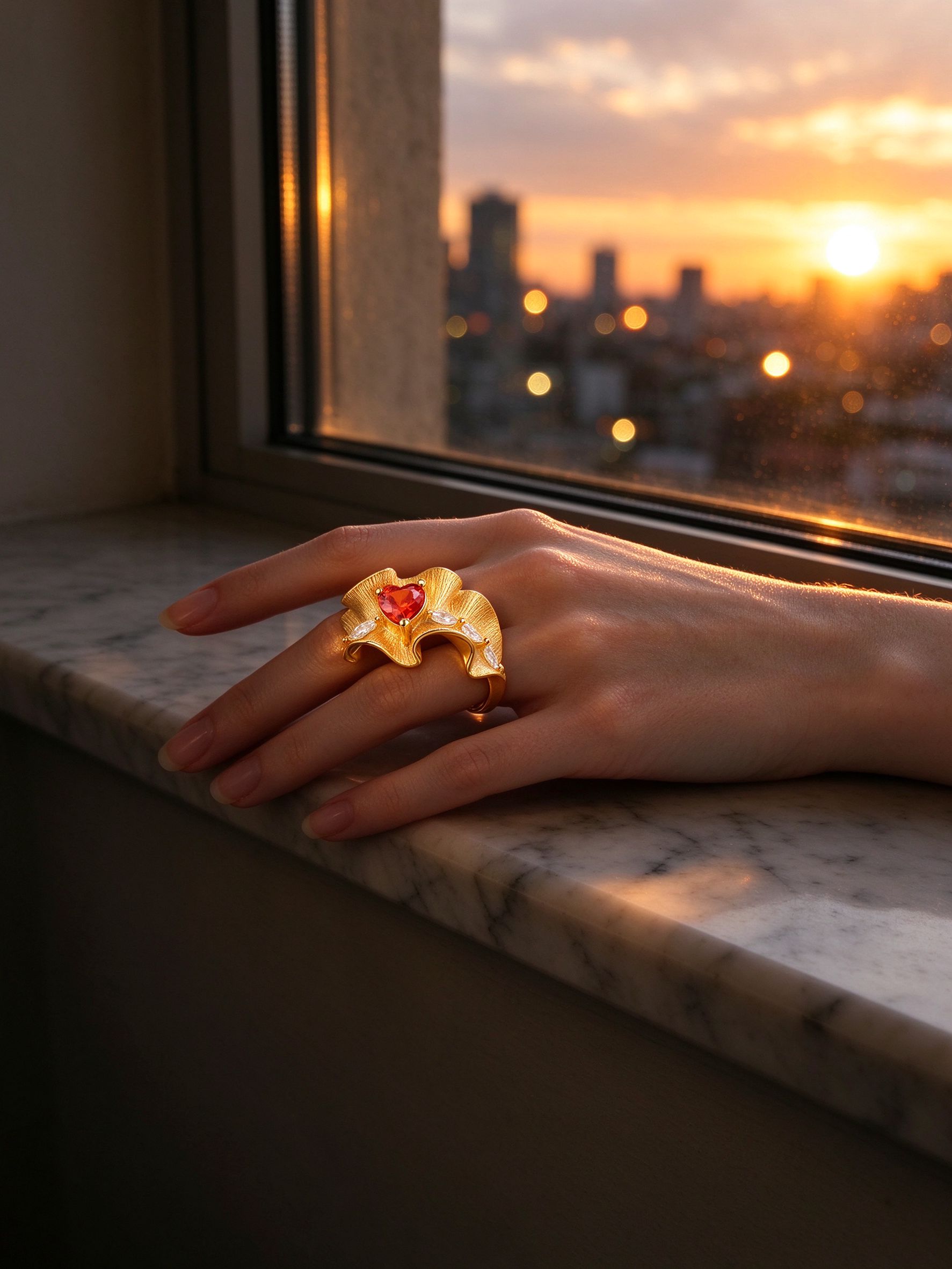 Caucasian woman hand wearing gold ruffle heart CZ ring at golden hour by city window