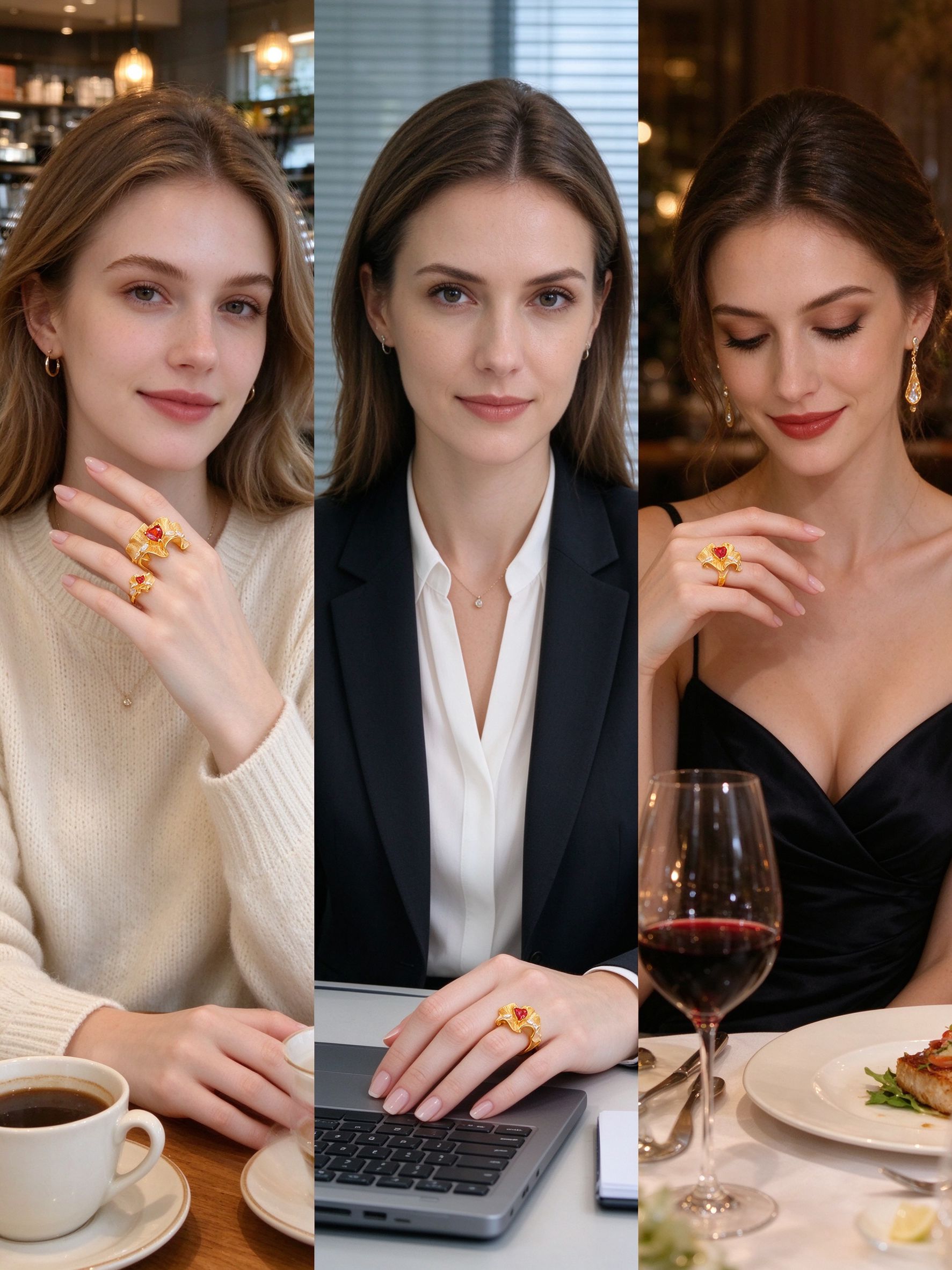 Three styling ways to wear gold ruffle heart CZ ring: casual, office, evening