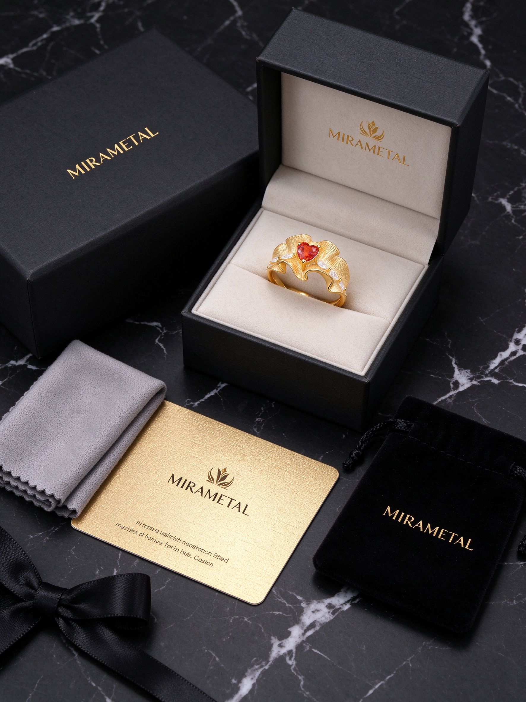 Complete MIRAMETAL packaging: black gift box, polishing cloth, gold care card, velvet pouch