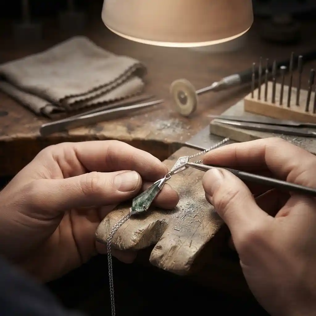 Handcrafted 925 sterling silver moss pendant necklace — MIRAMETAL craftsmanship process in Guangzhou jewelry workshop