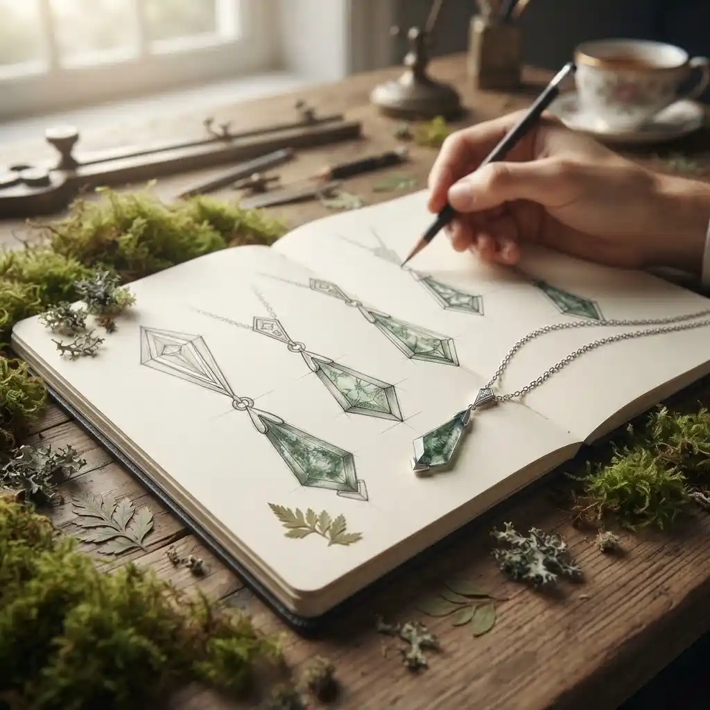 Design story of geometric moss pendant necklace — inspired by botanical green and modern architecture, handcrafted in Guangzhou by MIRAMETAL