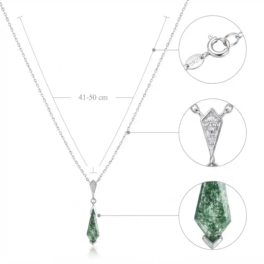 925 sterling silver moss pendant necklace specification — S925 stamp, rhodium-plated, hypoallergenic nickel-free MIRAMETAL jewelry