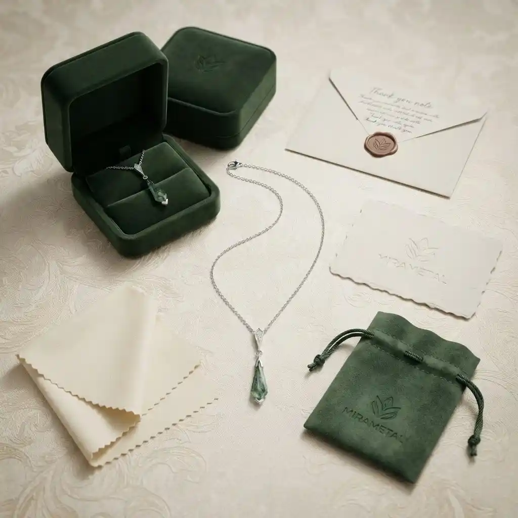 Complete packaging set for moss pendant necklace — luxury gift box, anti-tarnish pouch, polishing cloth, brand card, and 30-day return guarantee by MIRAMETAL