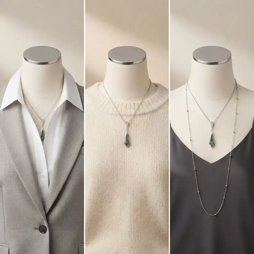 Styling guide for moss green geometric pendant necklace — office, daily wear, and layered looks with 925 silver chain by MIRAMETAL