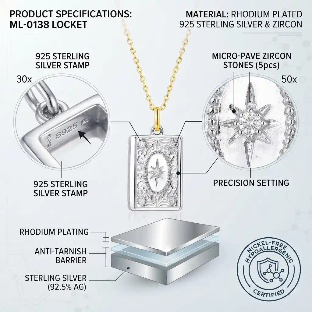 925 sterling silver photo locket necklace material - electroplated, micro-pave zircon, nickel-free and hypoallergenic, MIRAMETAL