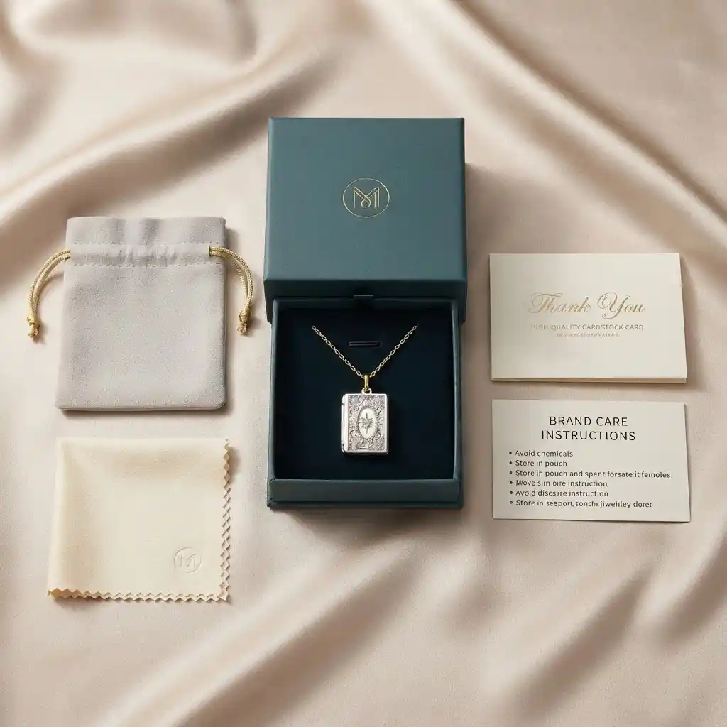 Photo locket necklace gift packaging - luxury gift box, anti-tarnish pouch, polishing cloth and brand card, MIRAMETAL