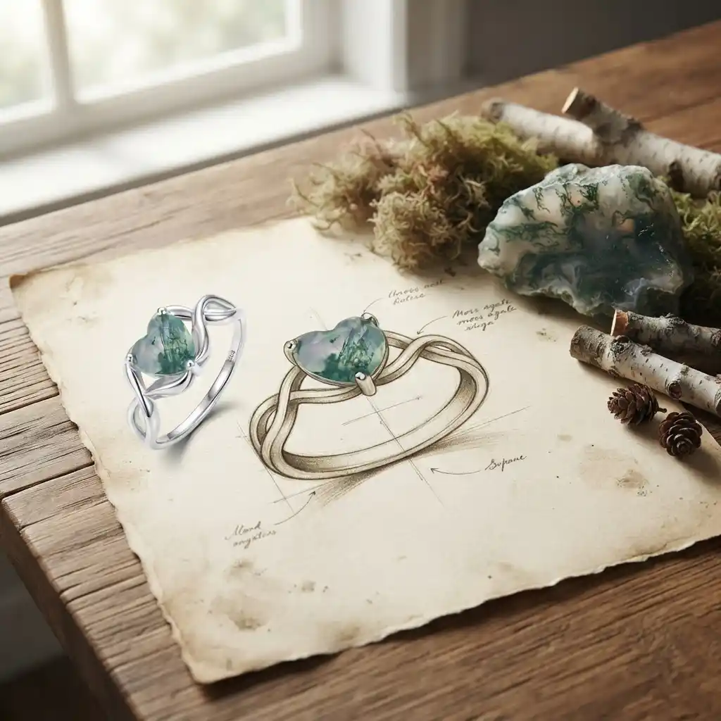 MIRAMETAL ML-0263 Moss Heart Ring Design Story Hand-Sketched Jewelry Drawing with Nature Inspiration