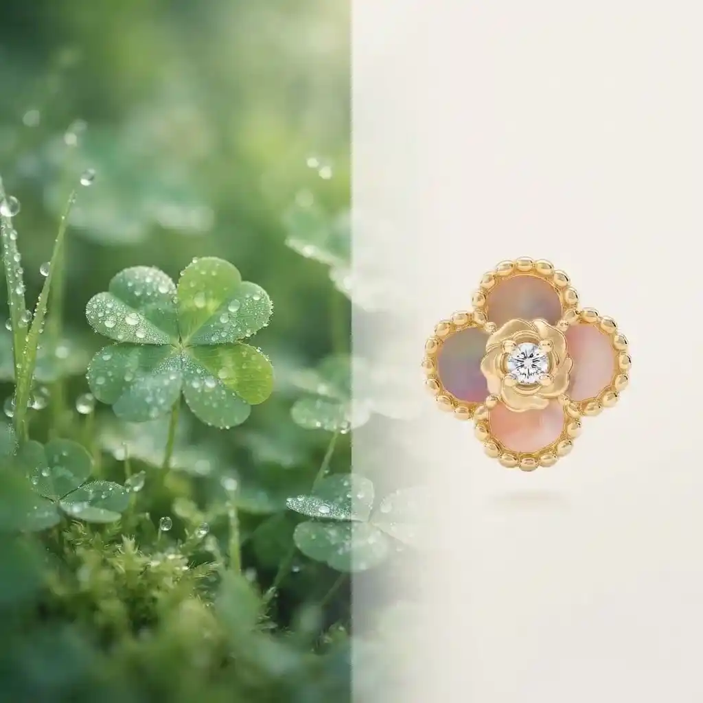 MIRAMETAL ML-0266 rose gold clover earrings design story - four-leaf clover symbol of luck with pink mother-of-pearl petals.