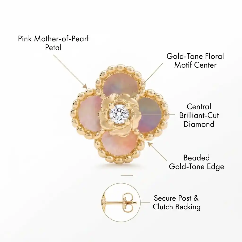 MIRAMETAL ML-0266 premium materials: 925 silver with real gold plating, genuine pink mother-of-pearl, high-clarity round diamond, hypoallergenic silver post.