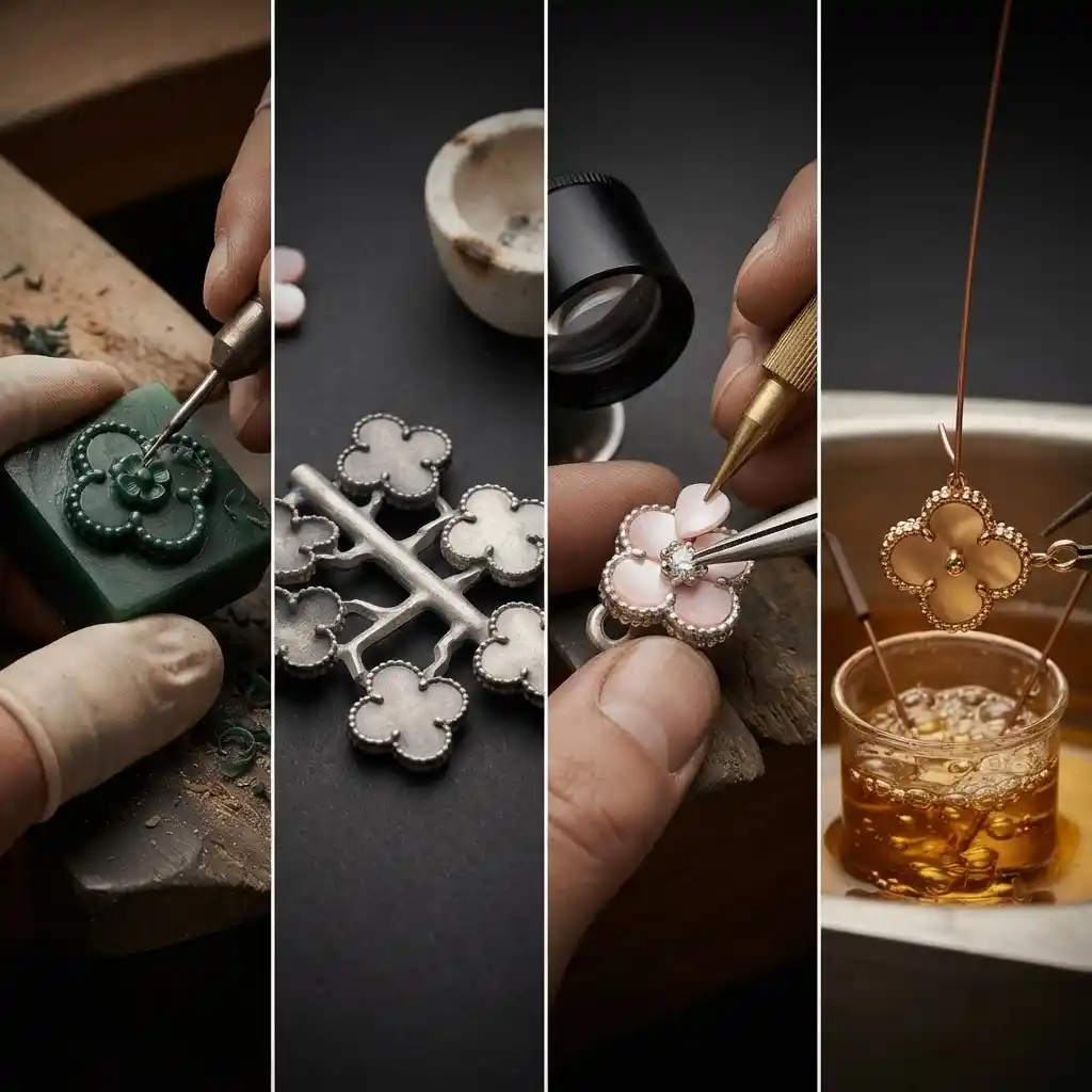 MIRAMETAL ML-0266 craftsmanship process: wax carving, lost-wax casting, mother-of-pearl setting, diamond setting, real gold electroplating.