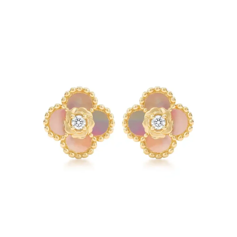 Rose Gold Clover Earrings - Pink Shell 925 Silver