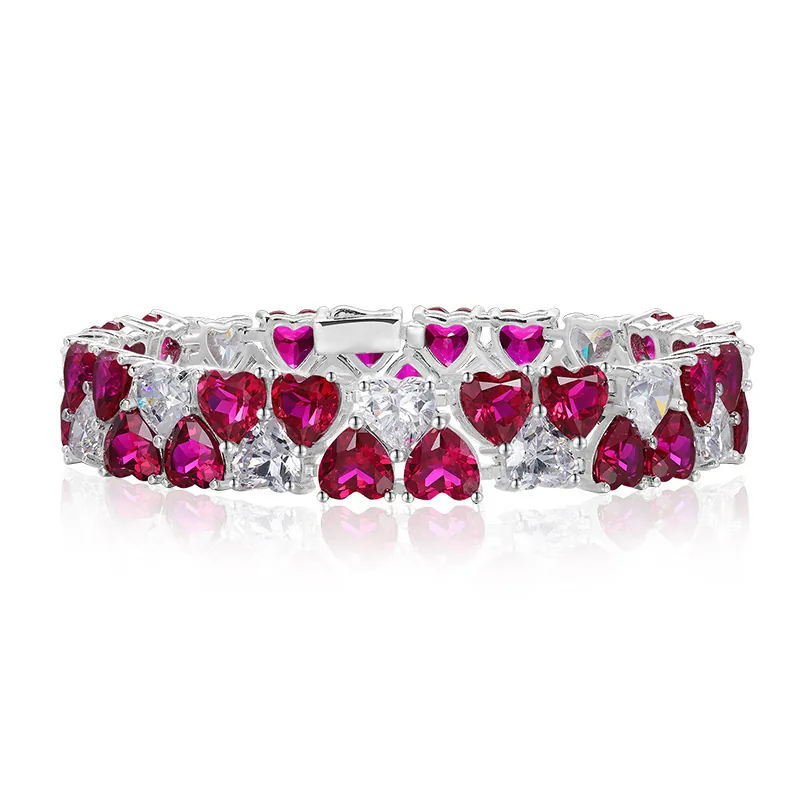 Red heart tennis bracelet in 925 sterling silver on white background