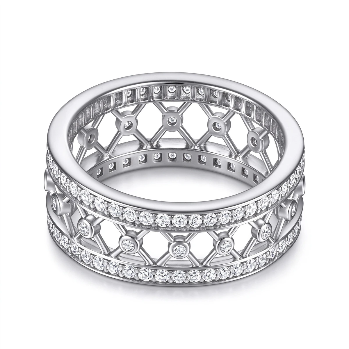 Art Deco Crisscross Lattice Wide Band Ring, 925 Sterling Silver