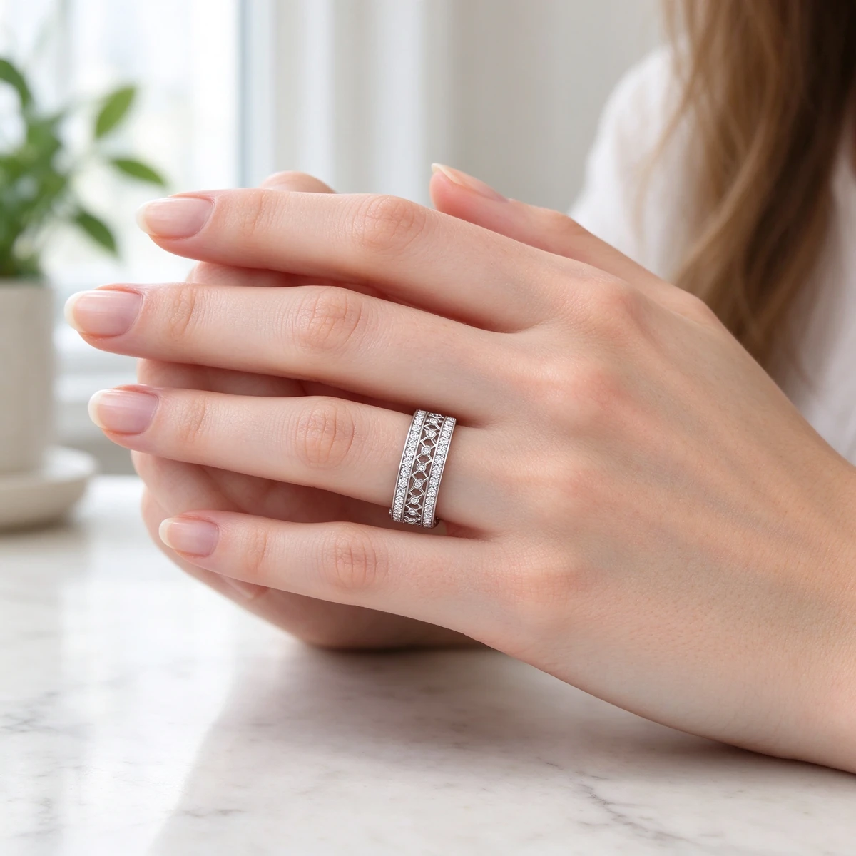Art Deco Wide Silver Ring on Western Woman Hand, 925 Sterling Silver - art deco ring