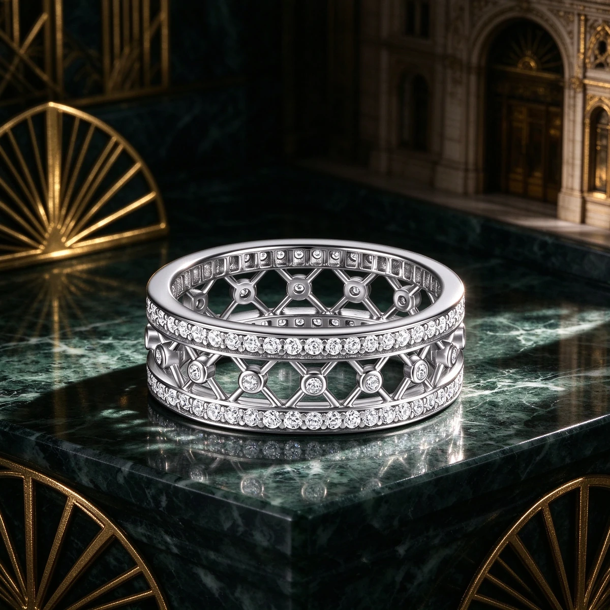 Art Deco silver ring on green marble with gold fan motif - art deco ring