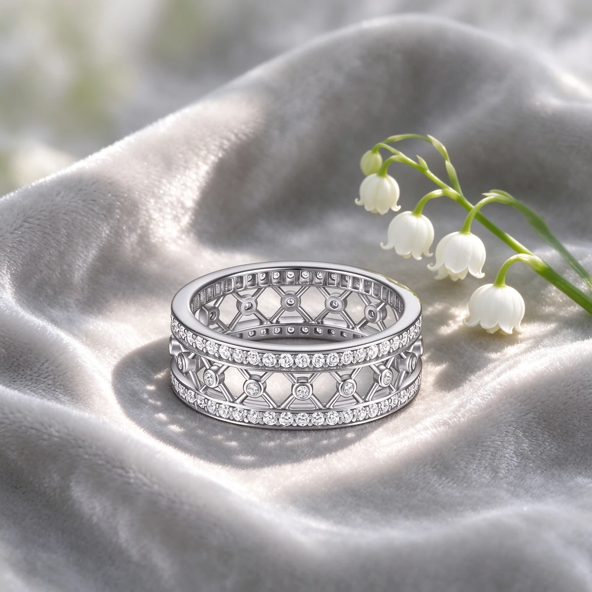 Art Deco silver ring on grey velvet with lily of the valley - art deco ring