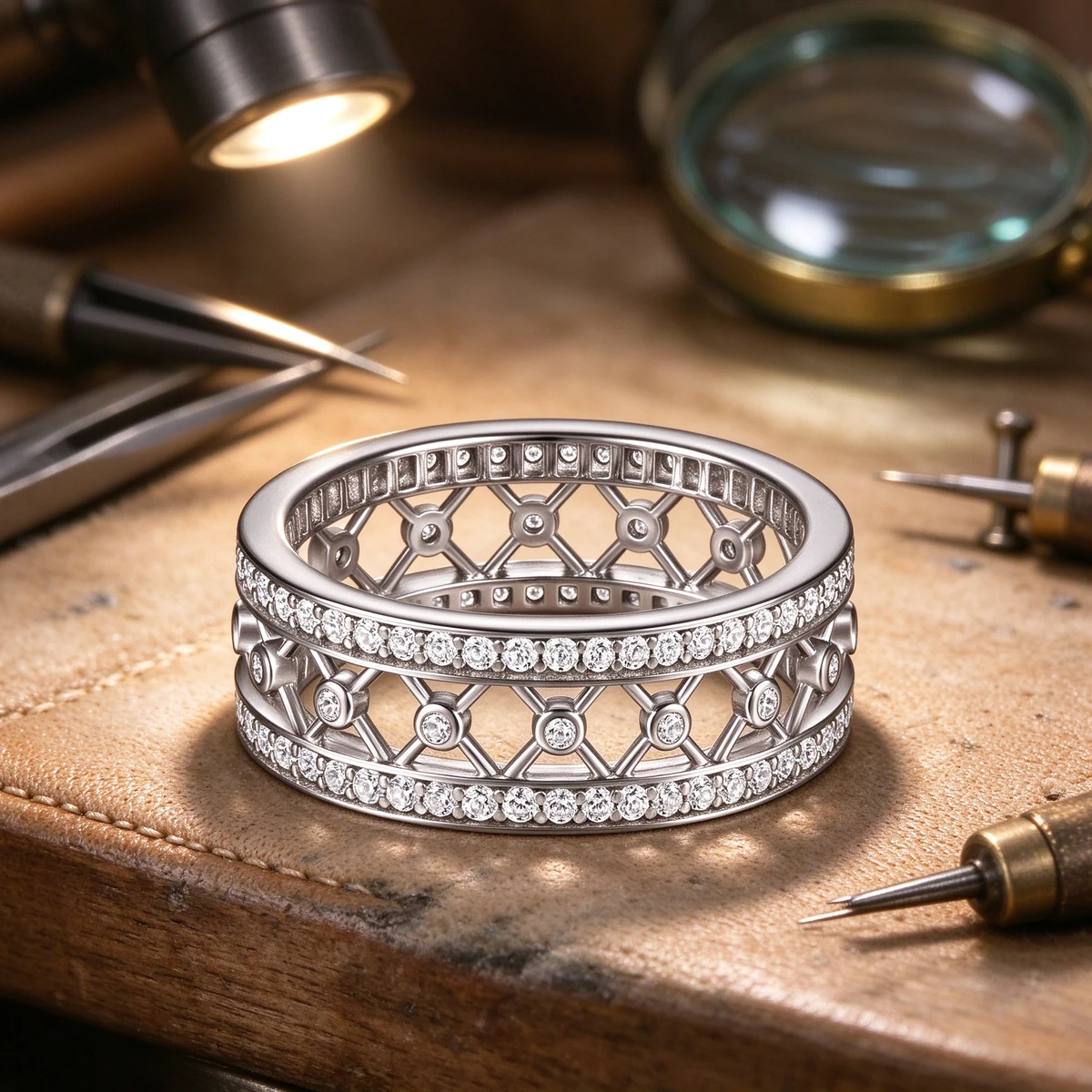 Art Deco silver ring on jeweler workbench with tools - art deco ring