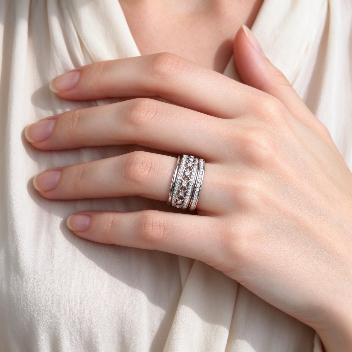 Stacked Art Deco silver ring with slim bands on woman hand - art deco ring