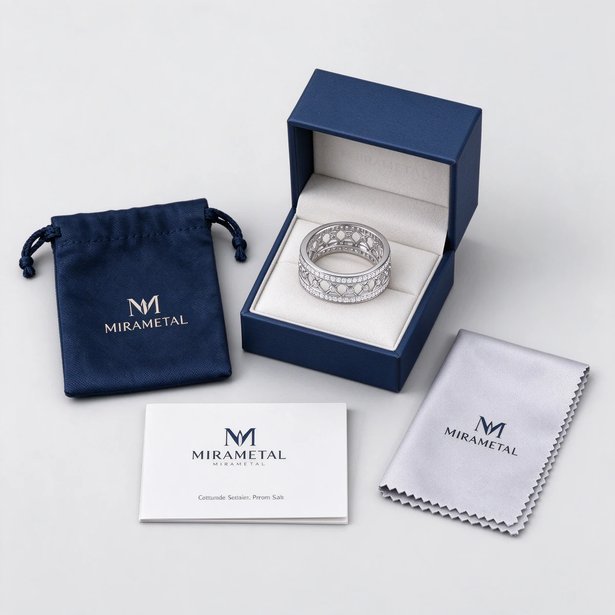 MIRAMETAL Art Deco ring gift packaging set flat lay