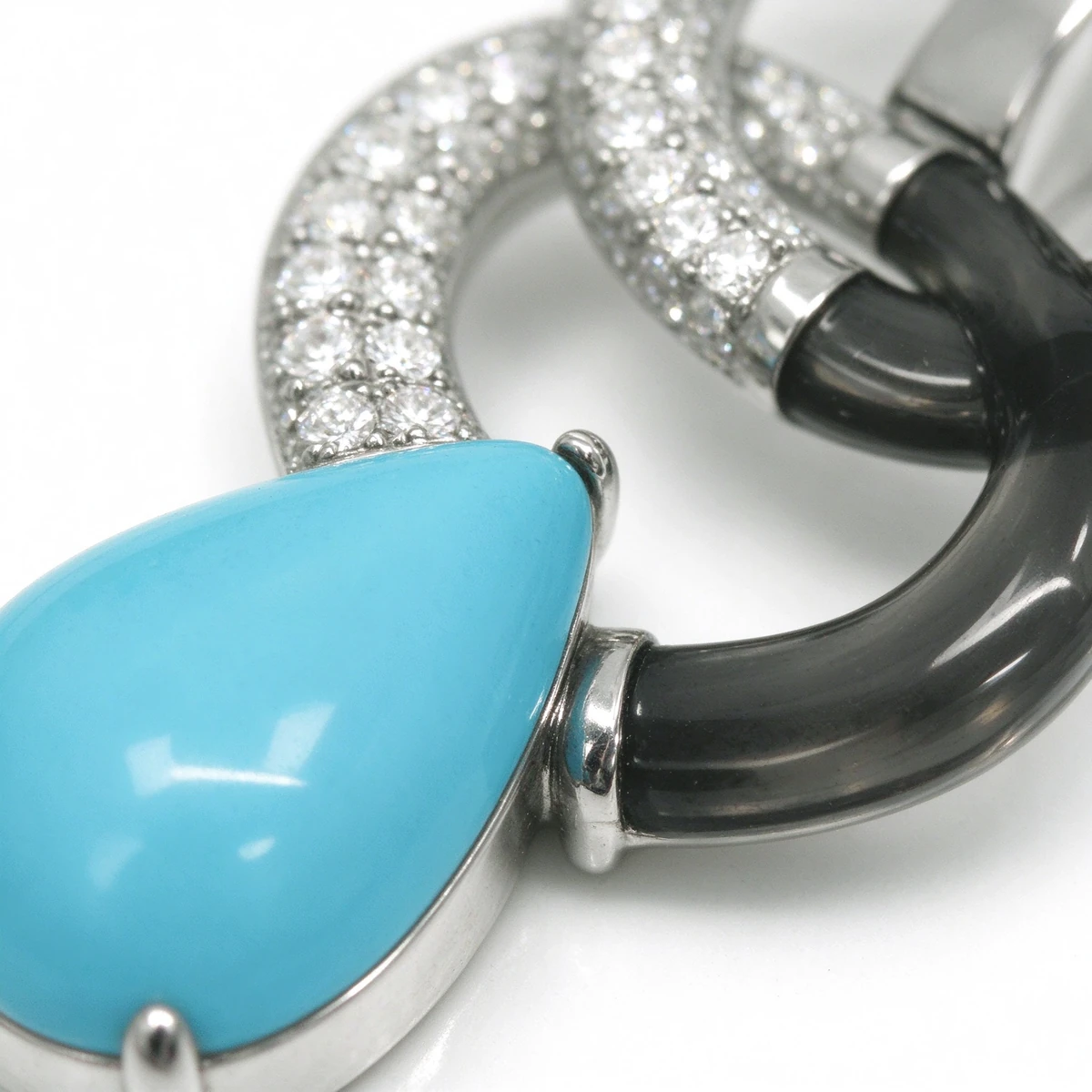 Macro turquoise teardrop and pave silver link earring detail - turquoise drop earrings