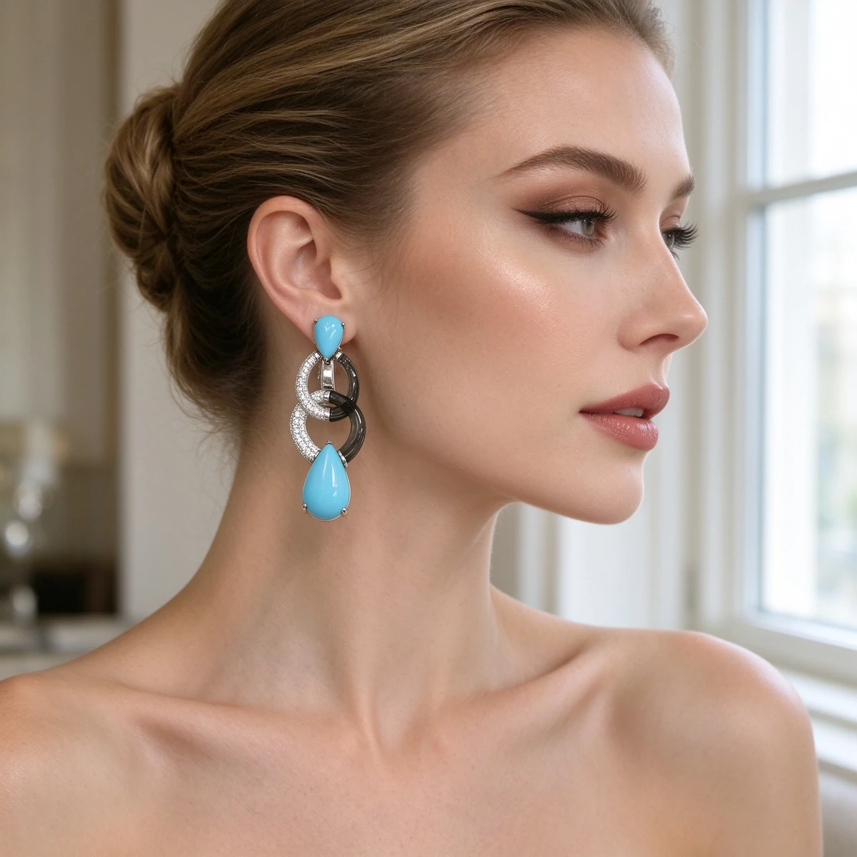 Western model wearing turquoise link drop earrings evening look - turquoise drop earrings