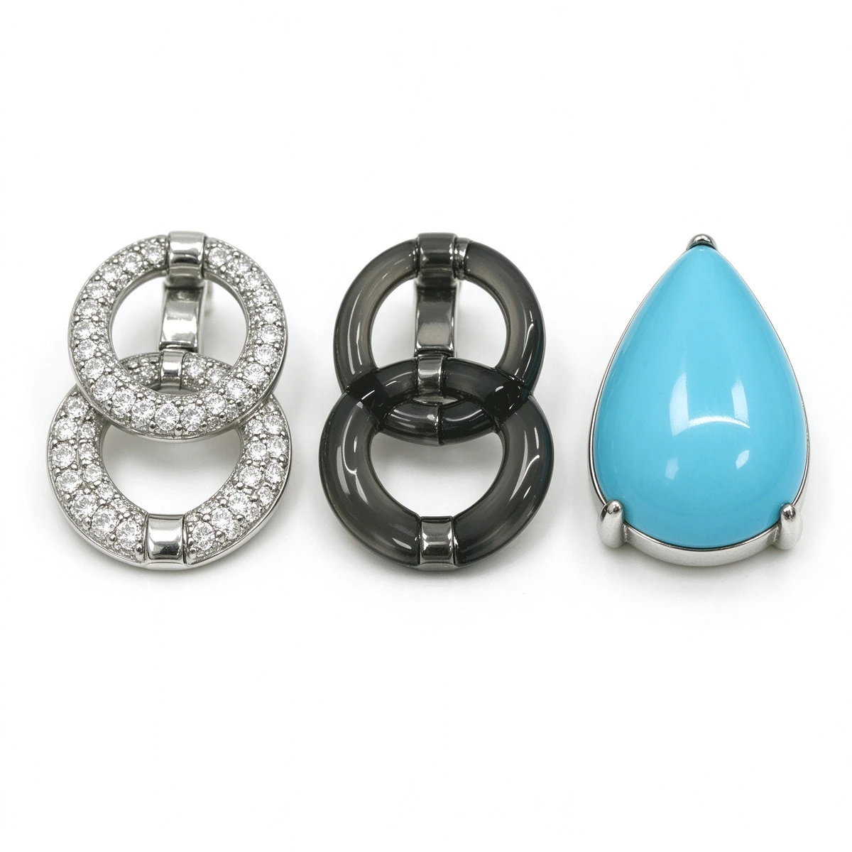Silver pave black link and turquoise material contrast - turquoise drop earrings