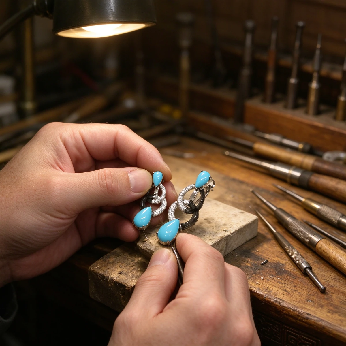 Artisan assembling turquoise drop earrings