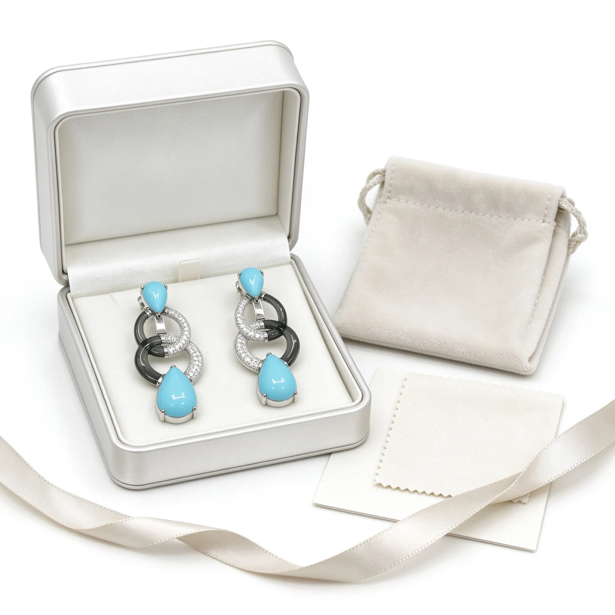 Turquoise link drop earrings gift set with box pouch and ribbon - turquoise drop earrings