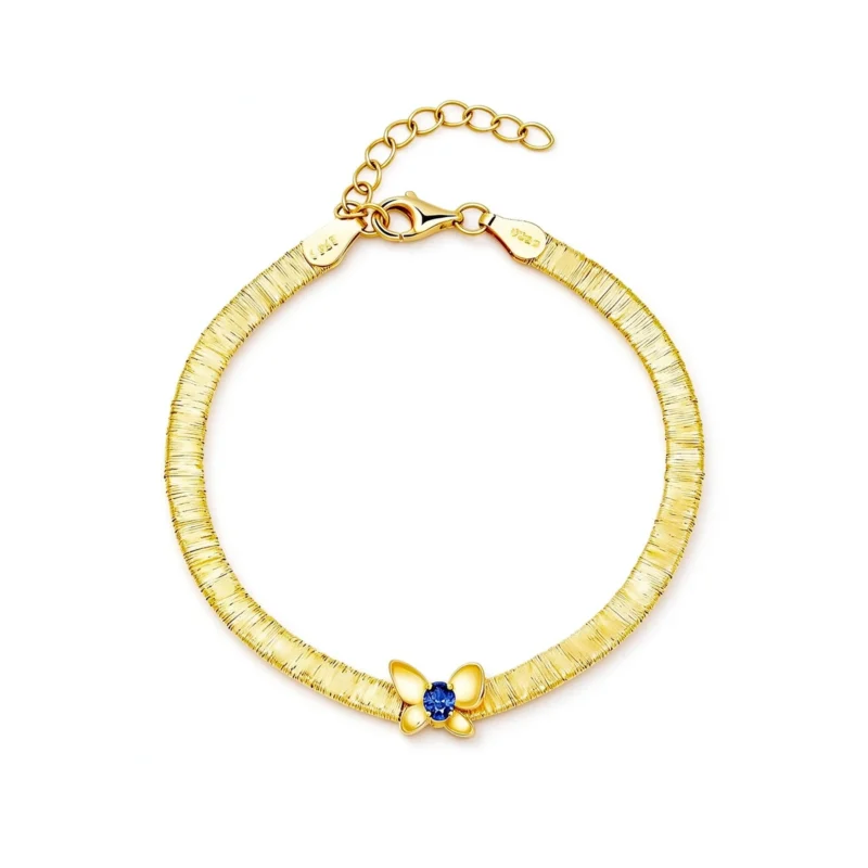 Gold Butterfly Chain Bracelet with Blue Stone, 925 Sterling Silver - butterfly bracelet