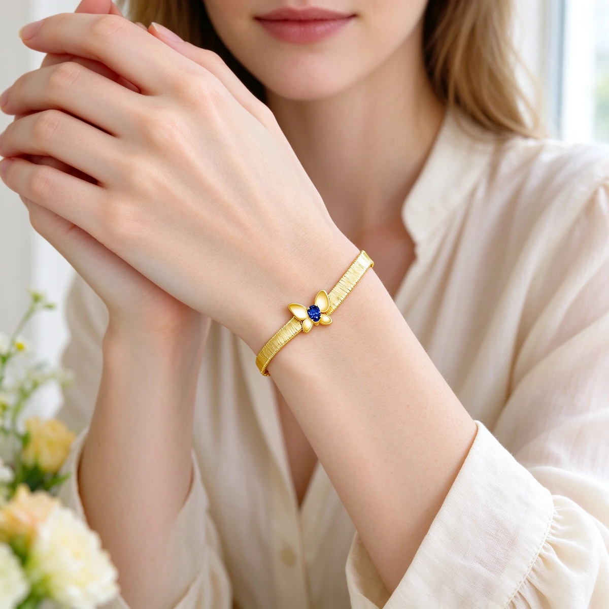 Gold Butterfly Bracelet on Western Woman Wrist, 925 Silver