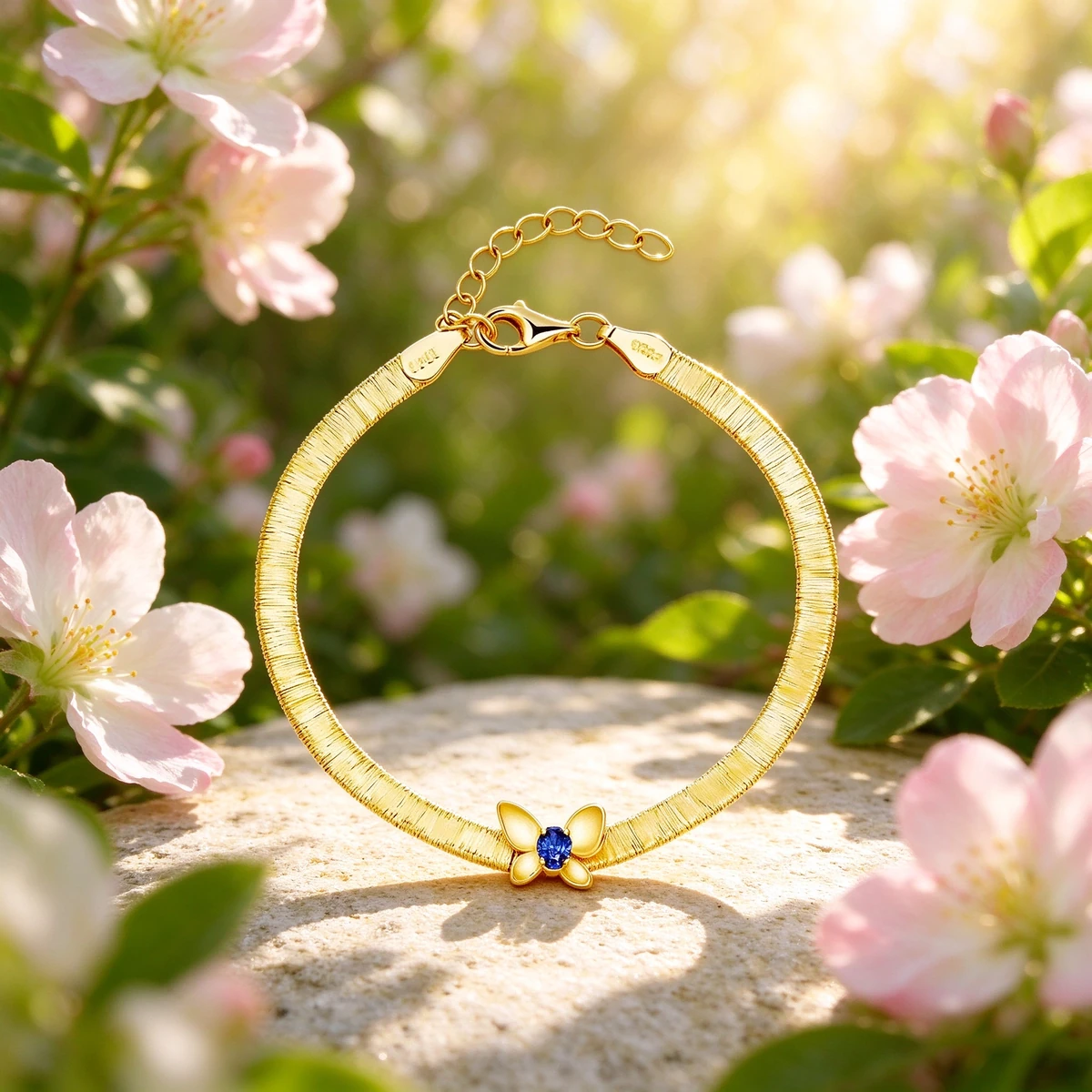 Gold butterfly bracelet in spring garden flowers
