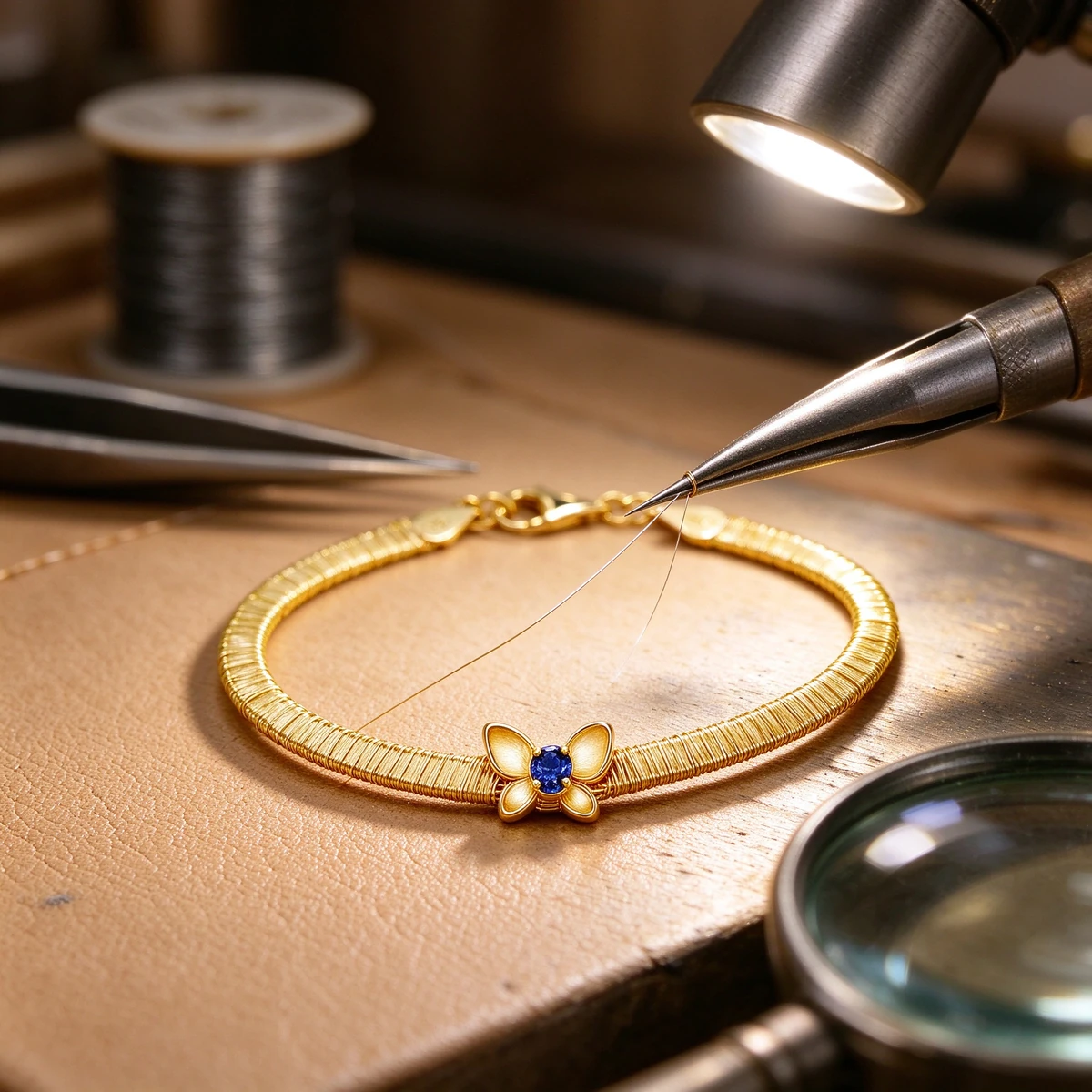 Gold butterfly bracelet on jeweler workbench with wire and tools