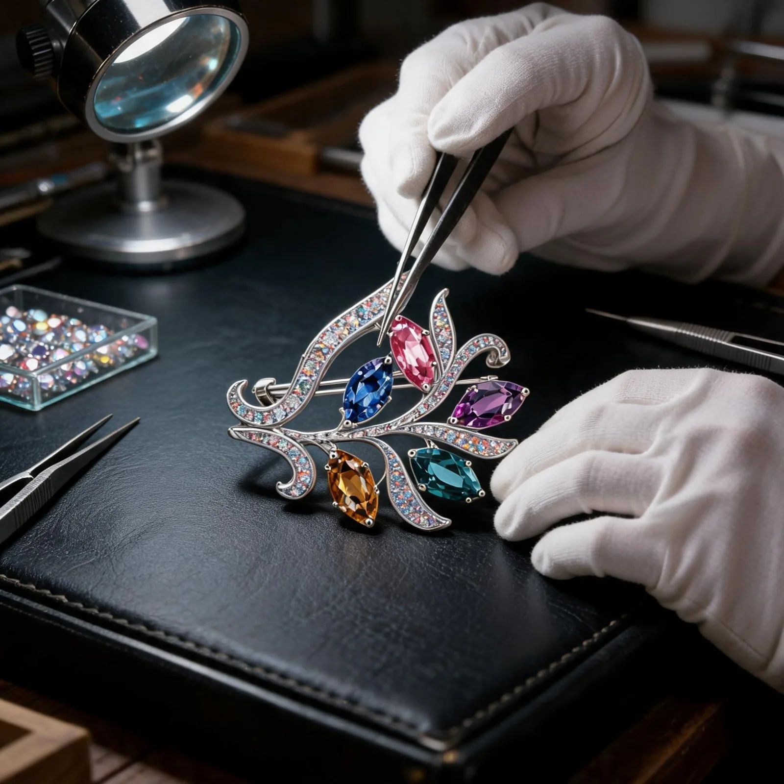 Craftsmanship of colorful crystal brooch ML-1638 showing stone setting polishing and QC