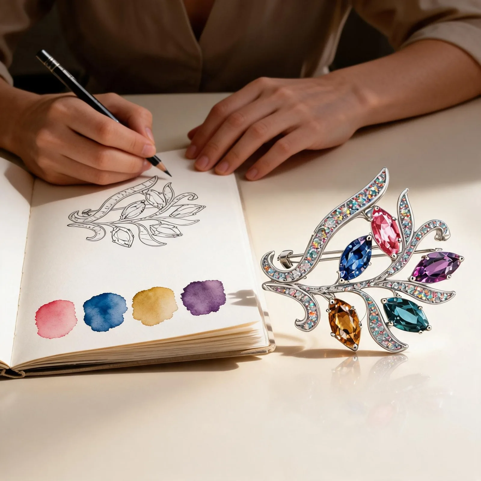Design story of colorful crystal brooch ML-1638 with botanical sketch and crystal color inspiration