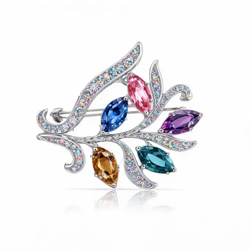 Colorful crystal brooch ML-1638 hero image with five marquise crystals and iridescent AB rhinestones