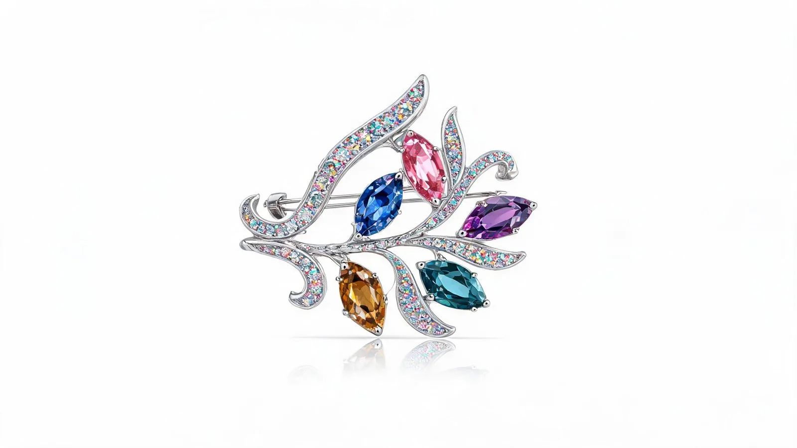 Colorful Crystal Brooch - Platinum-Plated Leaf Design