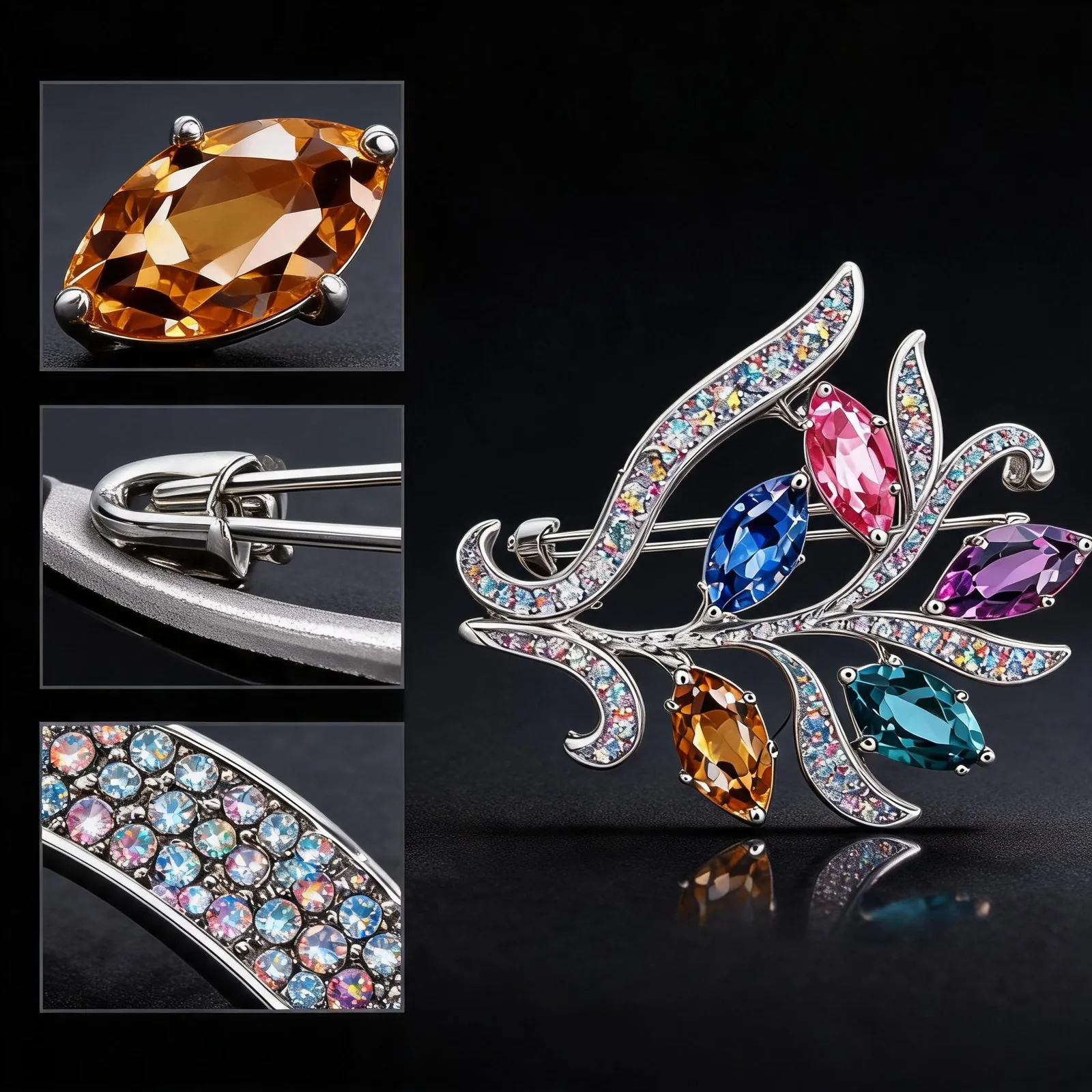 Material specification of colorful crystal brooch ML-1638 with platinum-plated alloy and AB rhinestones