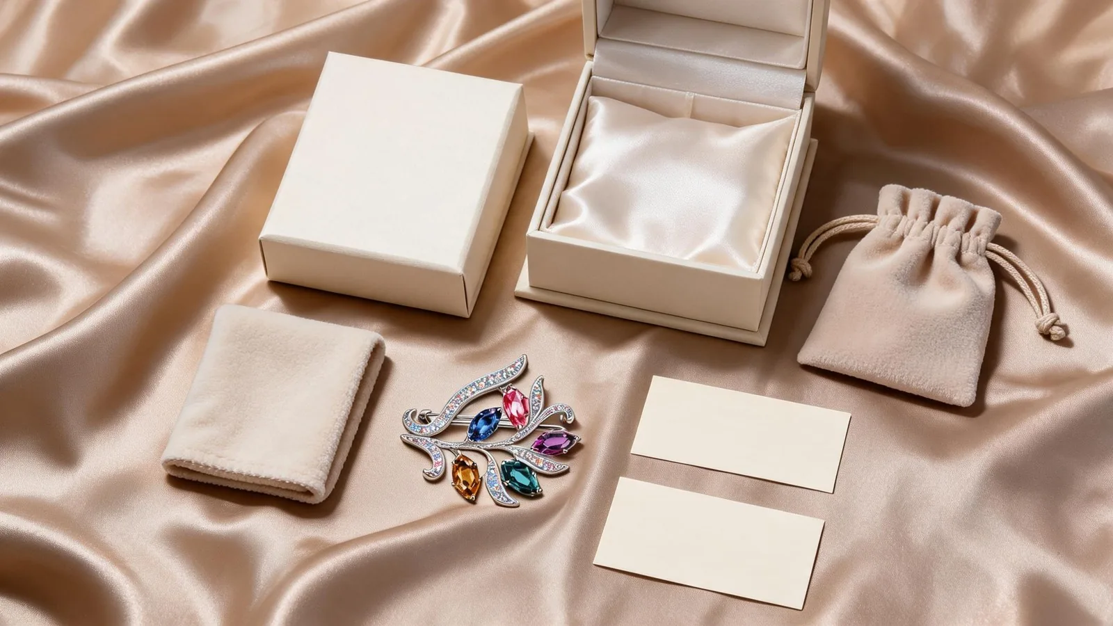 Complete packaging set for colorful crystal brooch ML-1638 with gift box pouch polishing cloth and care card