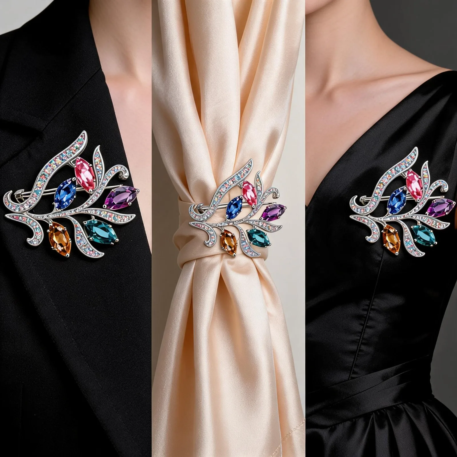 Styling guide for colorful crystal brooch ML-1638 on blazer dress and shawl
