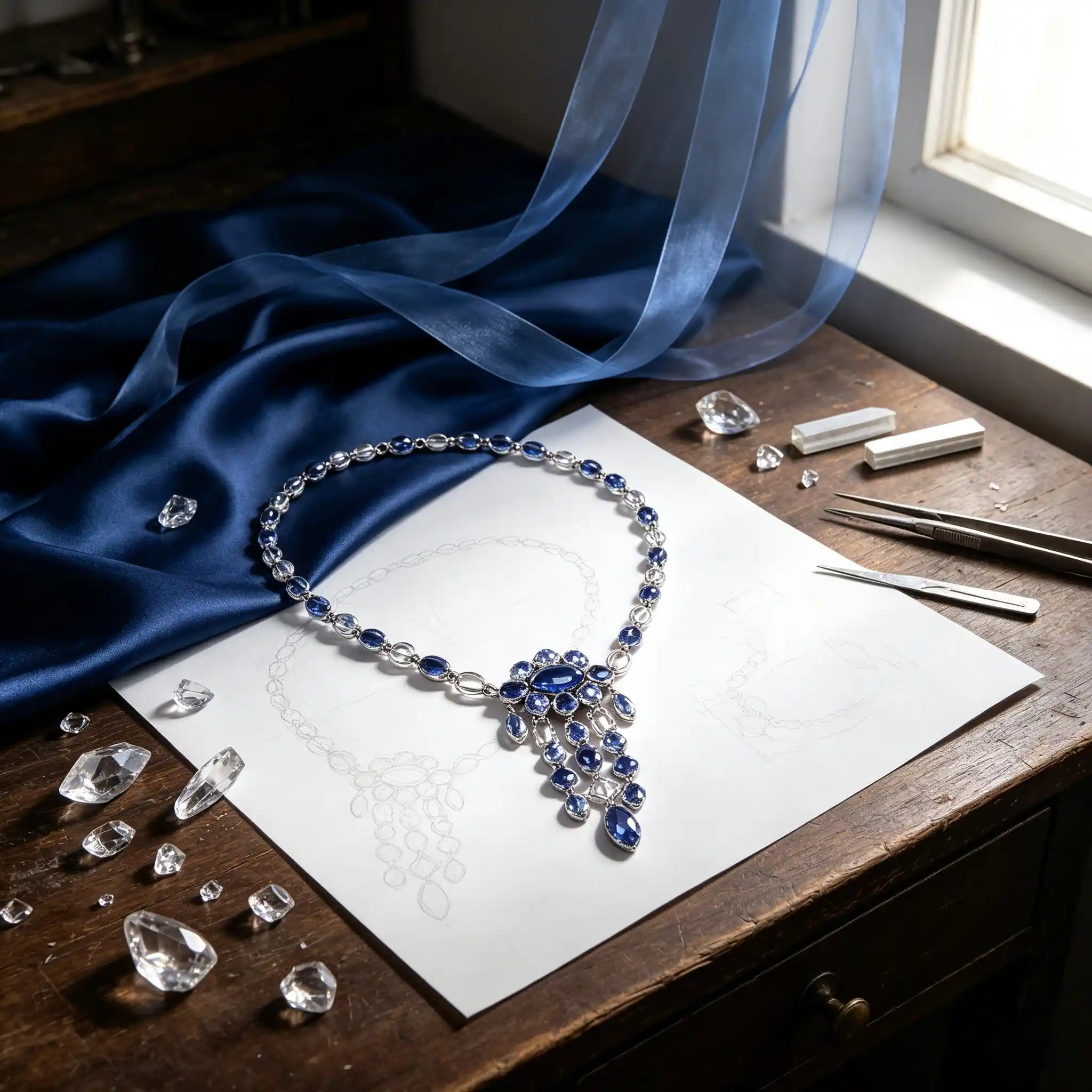 Design story of ML-1719 blue sapphire color waterfall fringe necklace inspired by royal cascades and luxury evening couture.