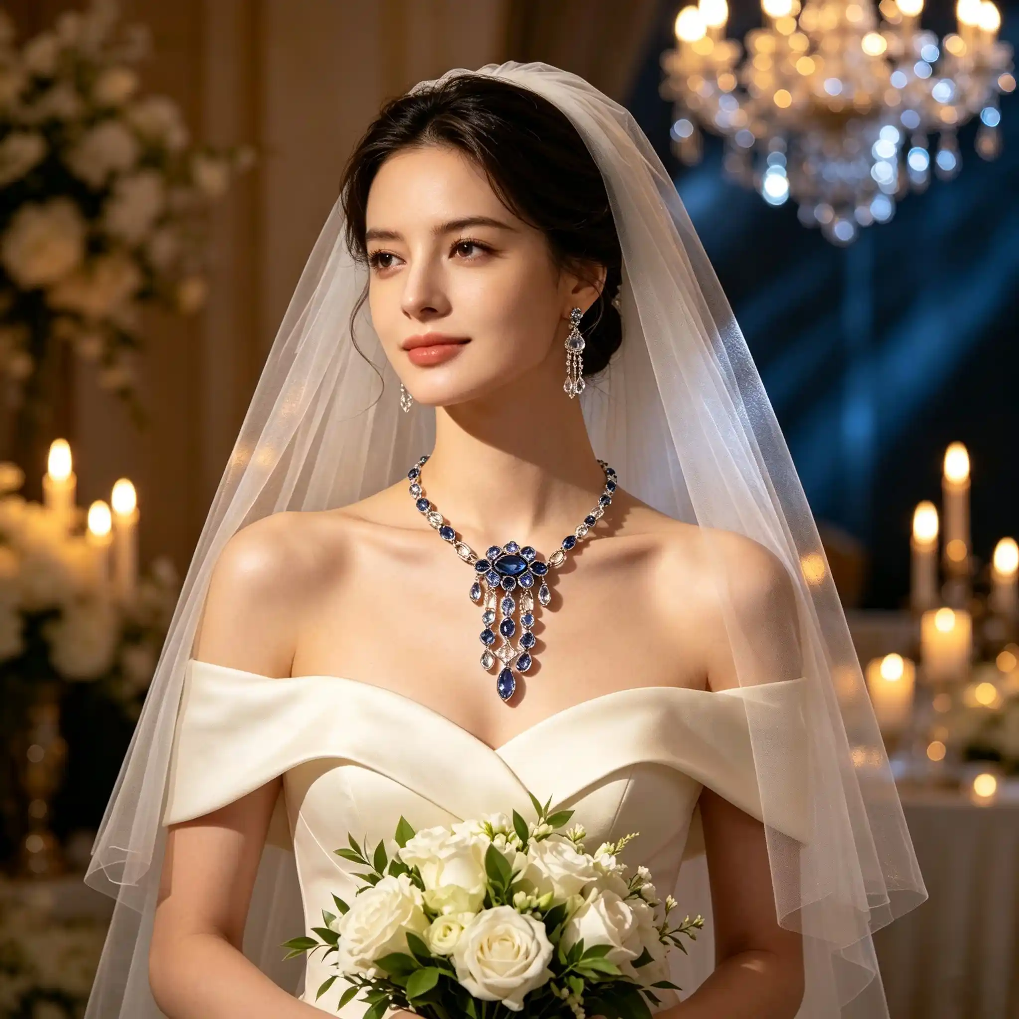 Bridal emotional story with ML-1719 blue sapphire color statement necklace for wedding, anniversary and luxury evening gift.