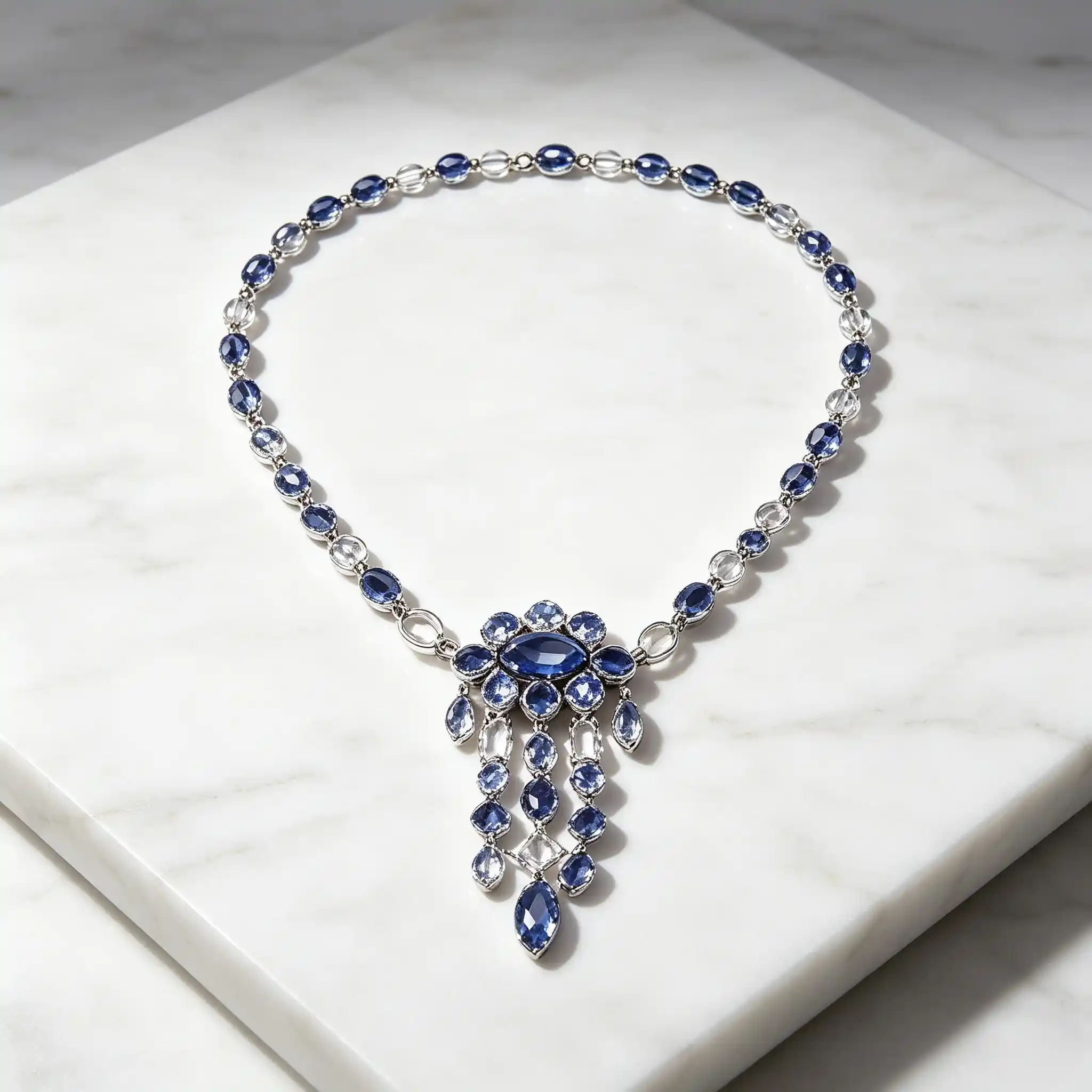 Material specification of ML-1719 silver-white polished metal necklace with claw-set blue sapphire color and clear faceted stones