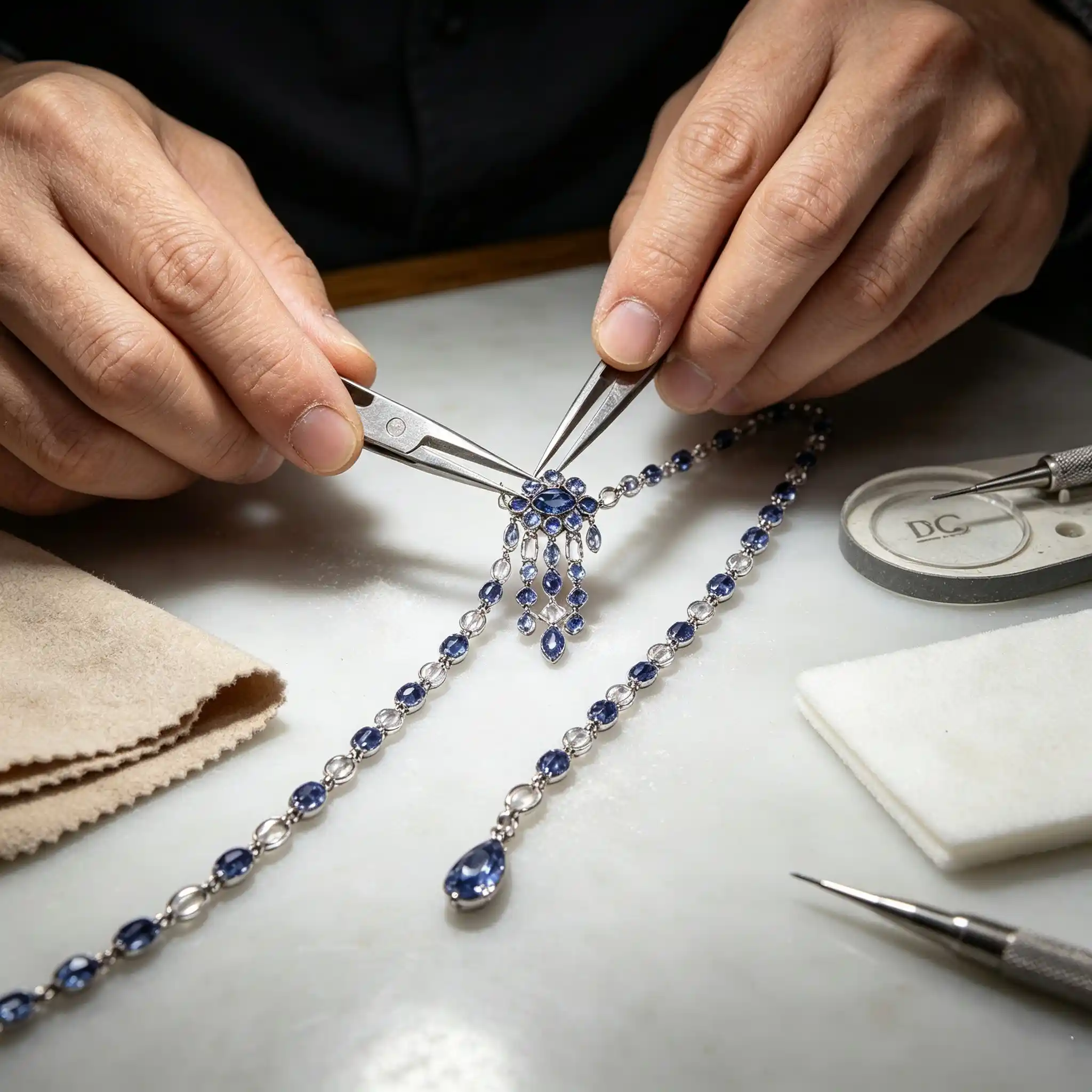 Craftsmanship process of ML-1719 claw-set blue sapphire color necklace with artisan stone setting, polishing and QC.