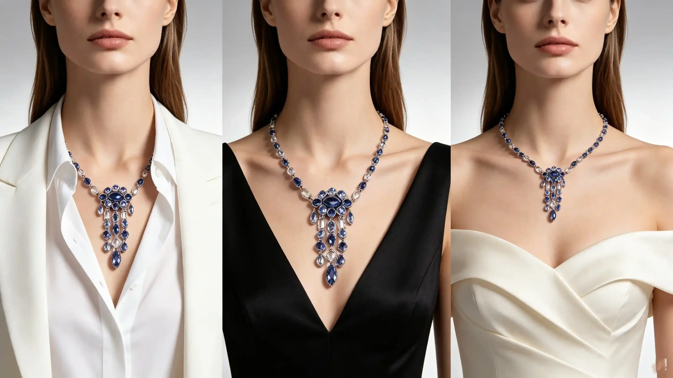 Styling guide for ML-1719 blue sapphire color statement necklace with V-neck, off-shoulder, evening dress and bridal gown