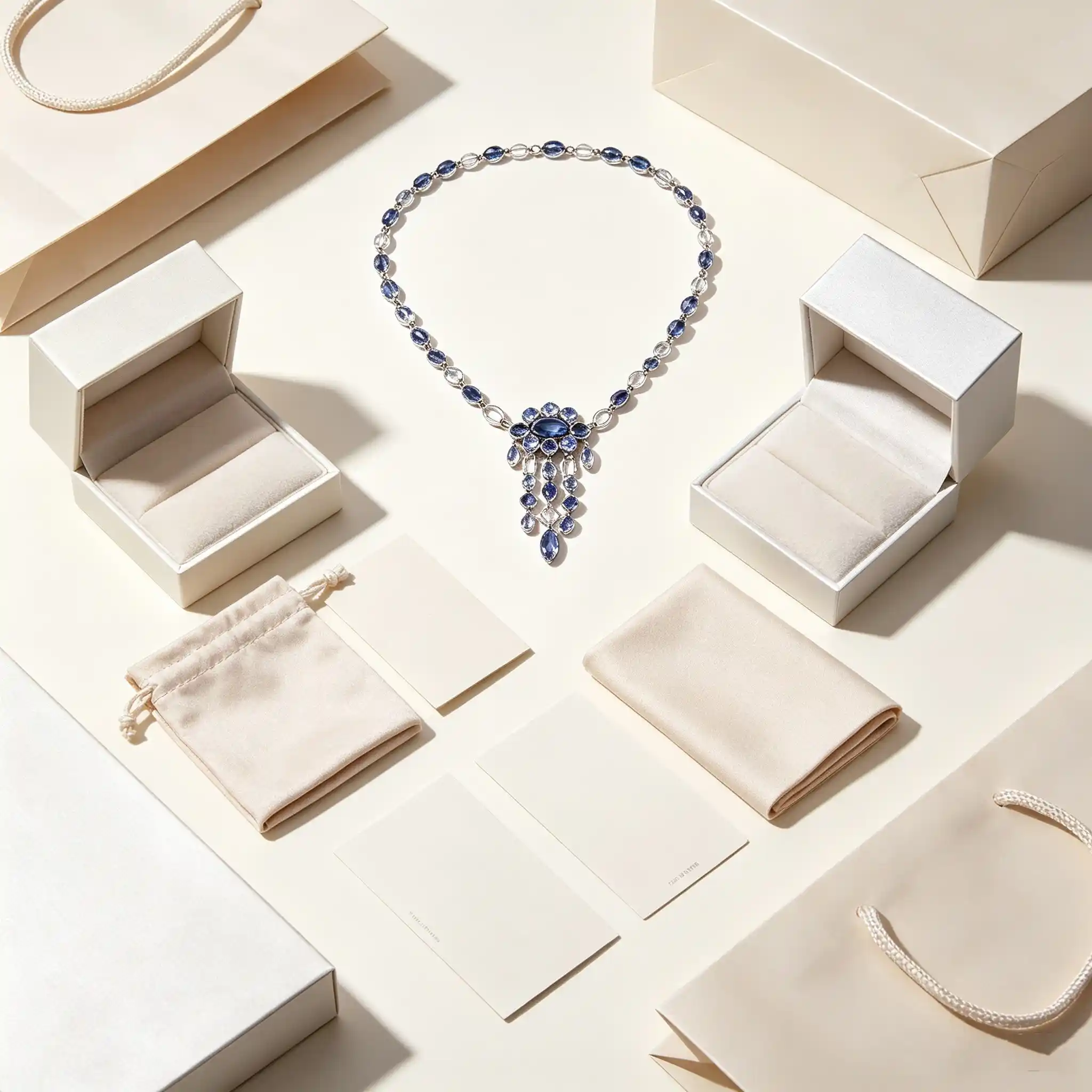 Complete packaging set for ML-1719 blue sapphire color necklace with jewelry box, anti-tarnish pouch, polishing cloth, care card and gift bag.