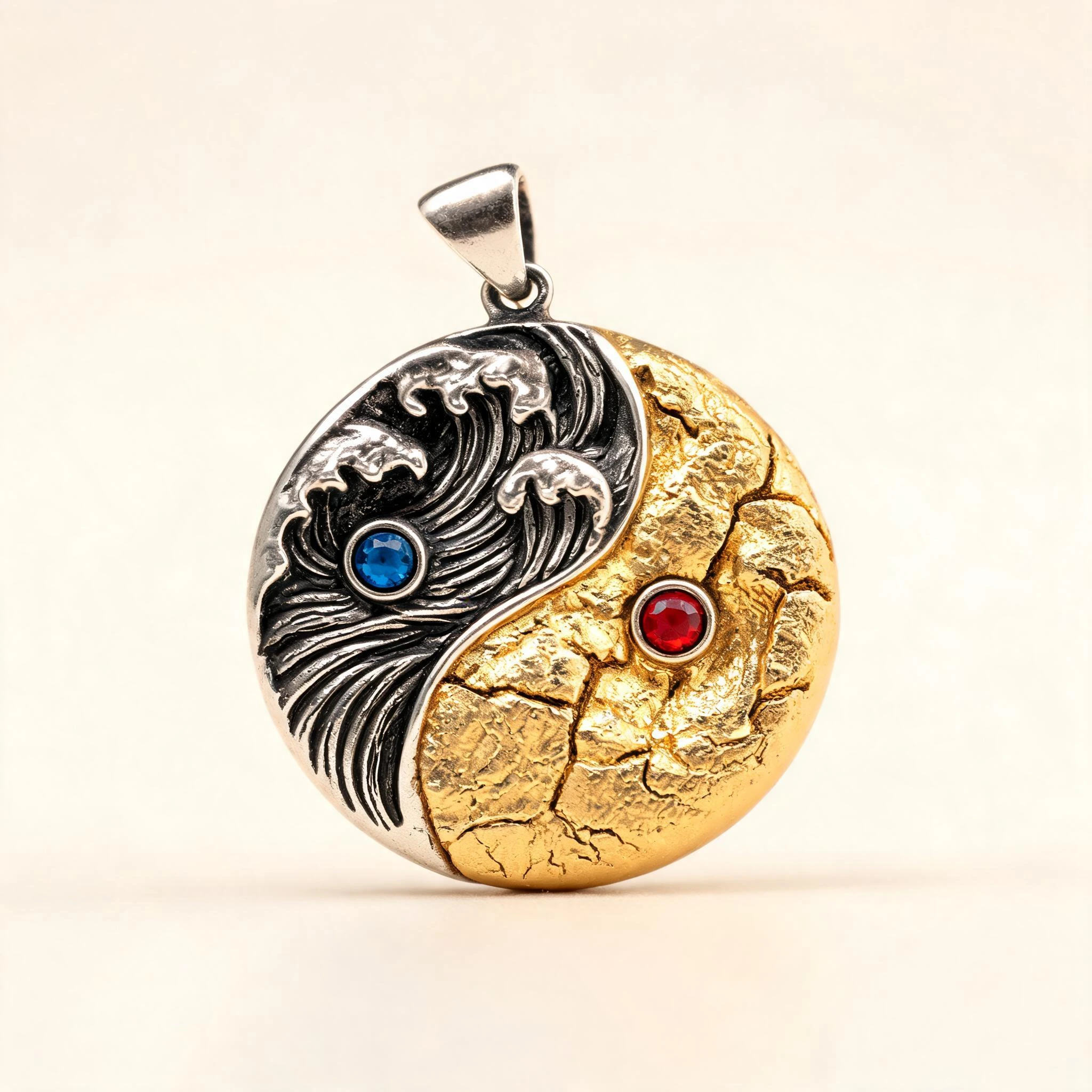 Close-up of the 925 silver ocean heart pendant with blue and red accents