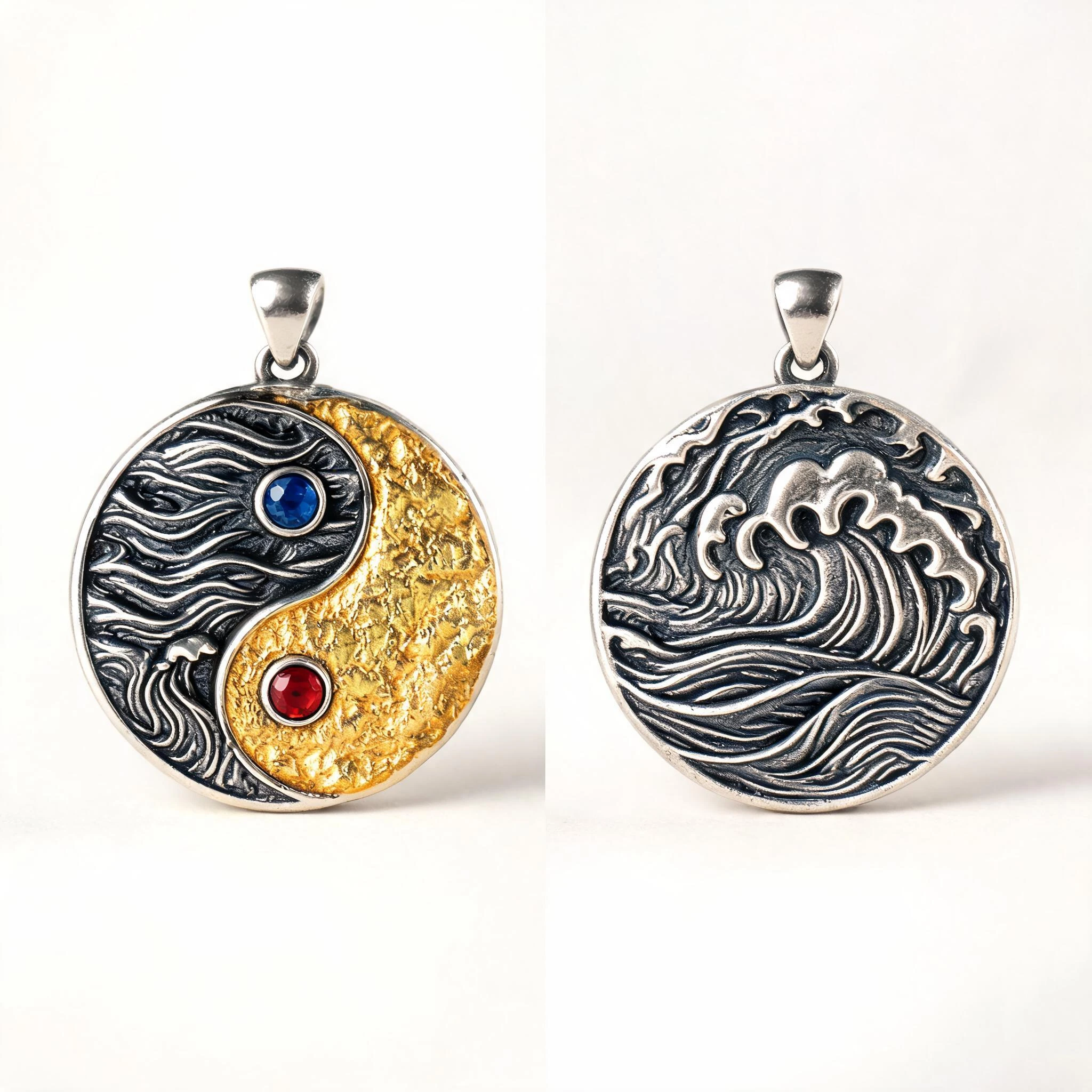 Ocean heart pendant front and reverse showing 925 silver and gold texture