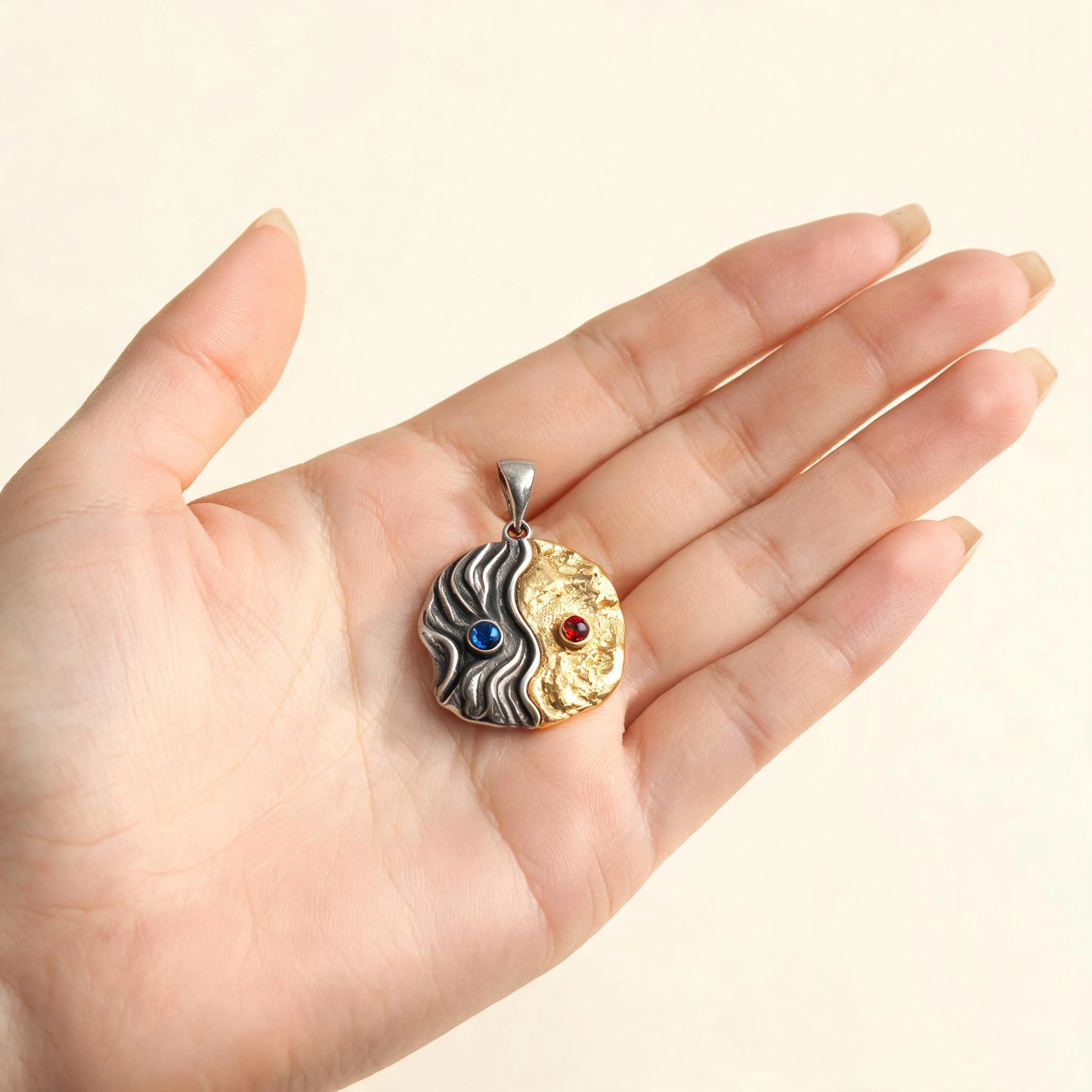 Ocean heart pendant close-up showing the round motif