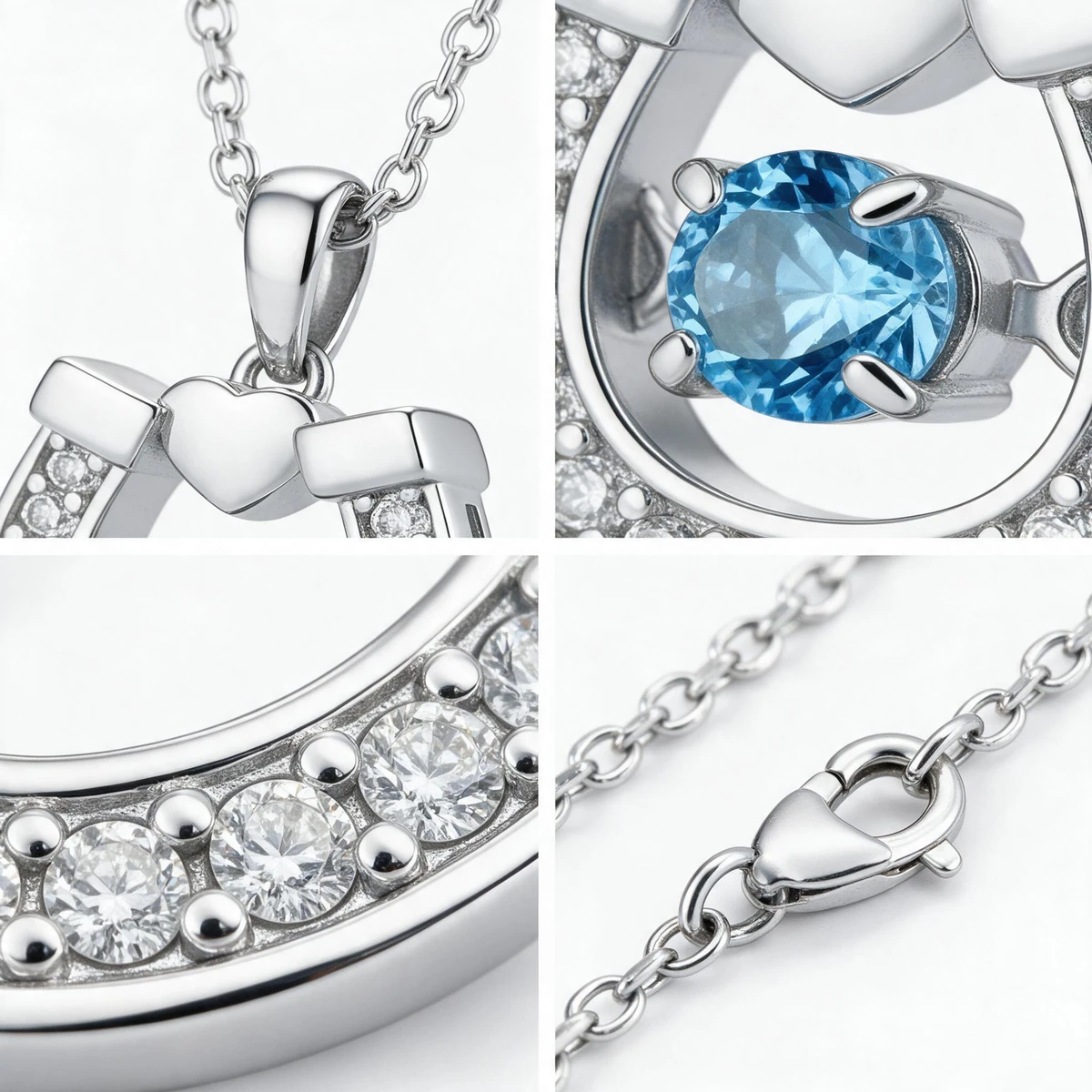 Blue Sapphire Horseshoe Pendant Necklace Material Detail Showing 4-Prong Setting, Pave Crystal Rim and 925 Sterling Silver Cable Chain MIRAMETAL - blue sapphire necklace